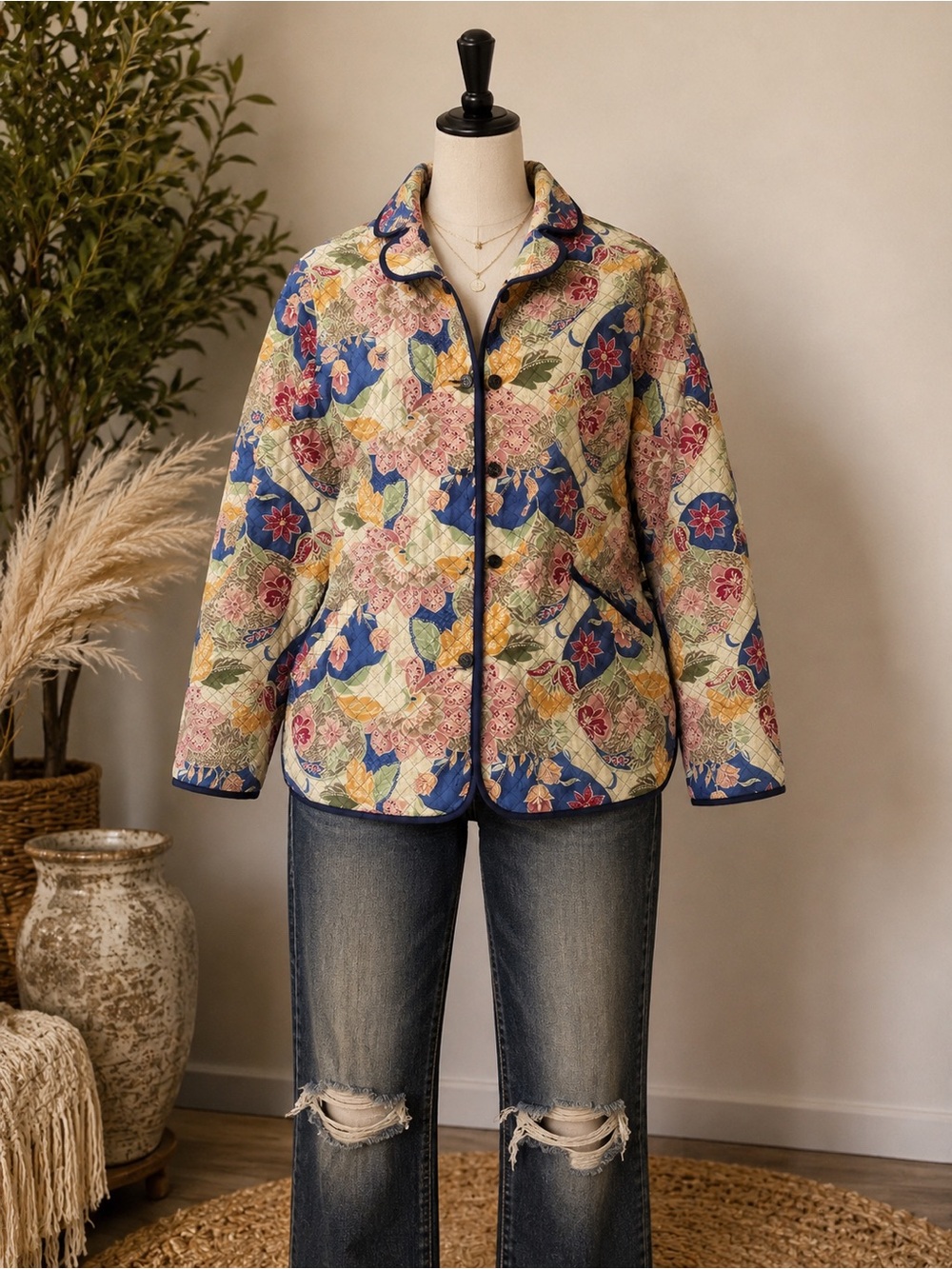 Allison Daley Floral Quilted Jacket in Multicolor 17” Shoulder, 25”ptp, 28”long